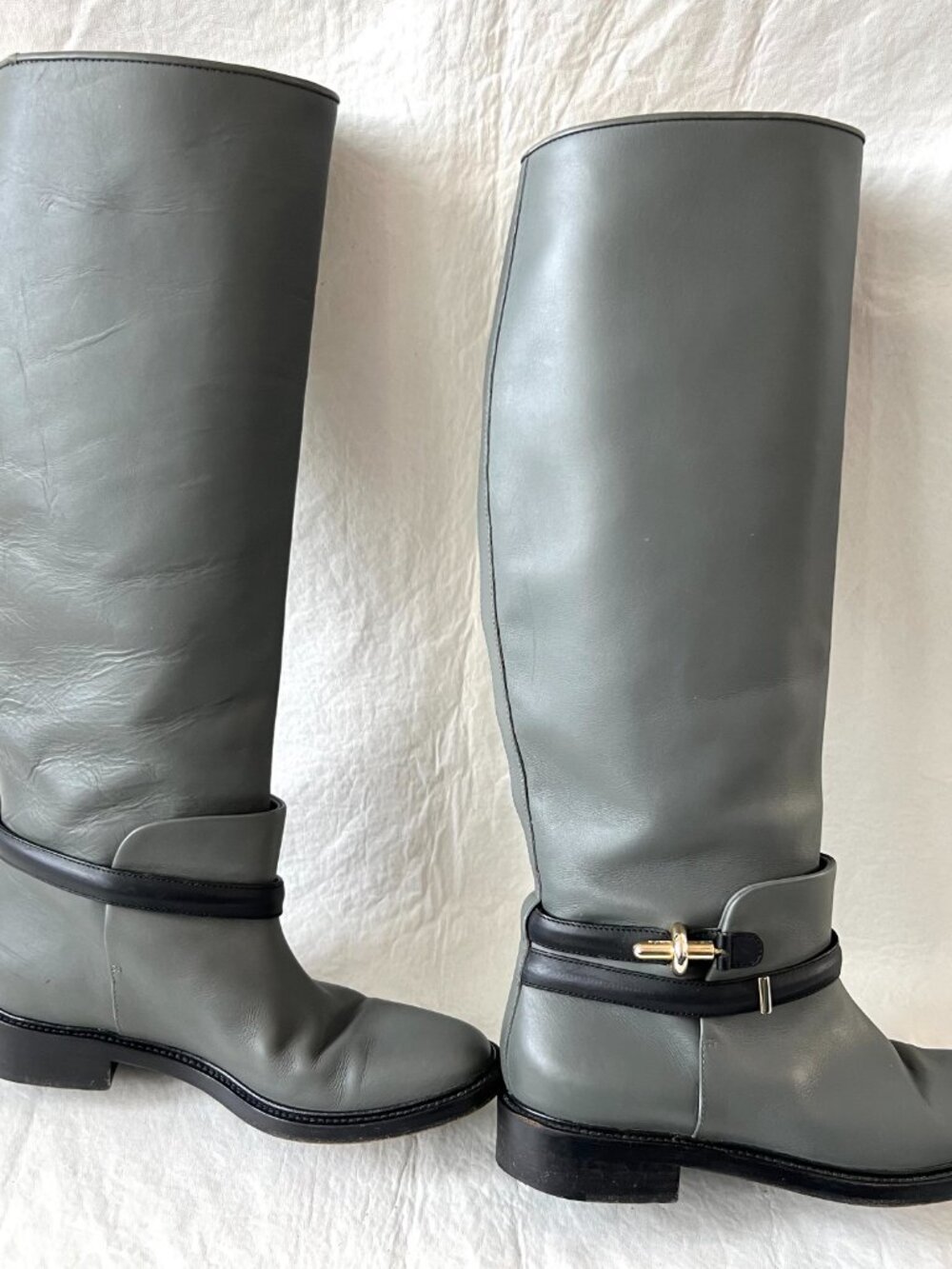 Balenciaga riding boots gray leather knee high 39 9 womens pull on black harness - Picture 7 of 15